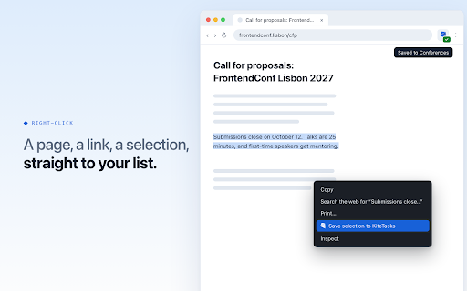 Google Tasks in your browser — KiteTasks :: Google Tasks in your browser: today's tasks at a click, every list in a sidebar, and one-keystroke capture from any page.