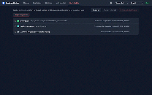 BookmarkPulse — Bookmark Manager & Visit Stats :: Free bookmark manager with batch tools, dedupe, export, and dark mode. Pro adds visit stats, weekly trends, and broken-link checks.