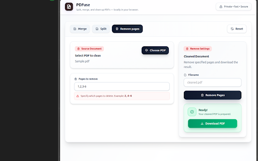 PDFuse – Effortless PDF Splitting, Merging & Page Removal :: A user-friendly Chrome extension for splitting, merging, and removing pages from PDF files directly in your browser.