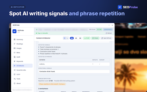 SEOProbe :: Visual SEO audit tool with AI detection, link analysis, accessibility checks, Google Sheets export and XLSX export.