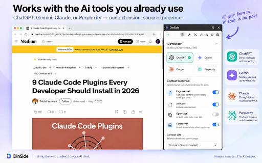 DinSide :: Bring browser context into ChatGPT, Gemini, Google AI Mode, Claude, and more—without copy-paste.