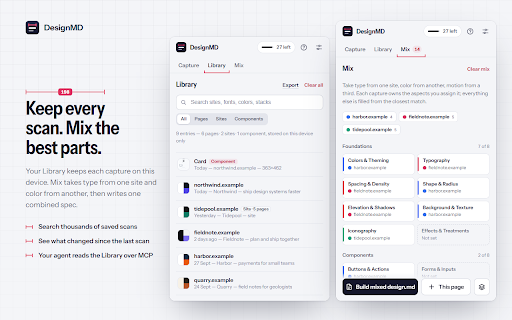 DesignMD: Copy Website Design, Mix with AI :: Copy any web page's design into a design.md spec of real CSS values and design tokens, ready for your AI coding agent.