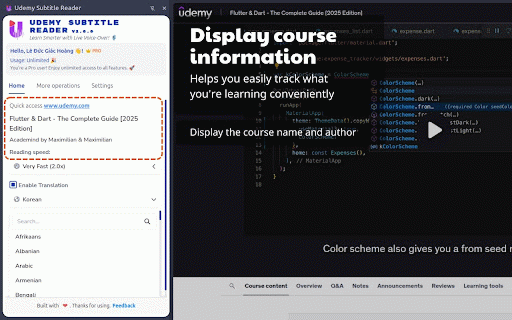 Udemy Subtitle Reader :: Boost Udemy learning with subtitles in many languages, live voice-over, and custom speed (0.75x-3.0x). Ideal for global students!