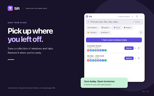 Sift: tab finder :: Find any tab out of hundreds as fast as out of three. Search-first command palette + a no-scroll, site-clustered side panel.