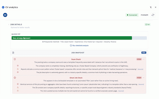 CV analytics :: Job seeker co-pilot for fast results: auto-fill, scam & ghost job detection, job fit, cover letters, tracking & more.