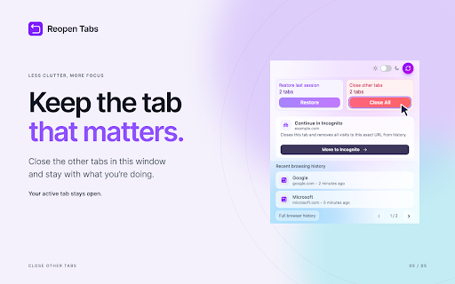 Reopen Closed Tabs - Browsing History & Tab Manager :: Reopen closed tabs, manage history, and move a tab to Incognito while clearing that page's history.