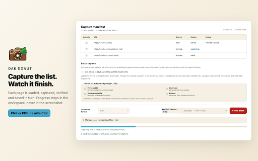 Oak Donut :: Capture complete webpages as local PNG or PDF files, with same-domain discovery and a three-page Free Site Batch workflow.