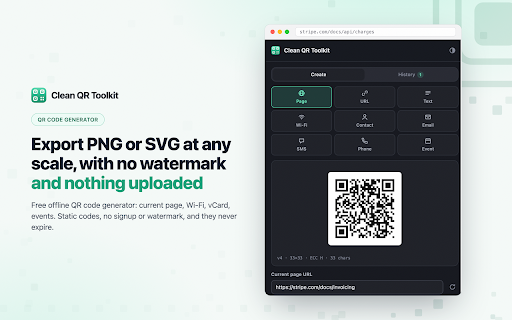 Clean QR Toolkit - Free Offline QR Code Generator :: Free offline QR code generator: current page, Wi-Fi, vCard, events. Static codes, no signup or watermark, and they never expire.