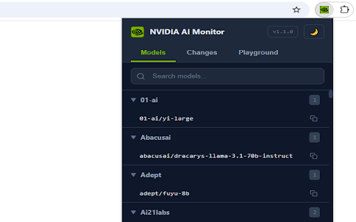 NVIDIA AI Models Monitor :: Search NVIDIA AI models, track change history, and test models in an interactive Playground with streaming and parameter control.
