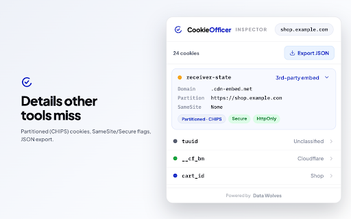 Cookie Inspector by CookieOfficer :: 🍪 Check, edit and clear every cookie on any site - instantly classified by category, purpose and vendor. No login, no tracking.