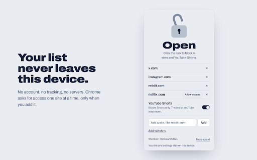 Unleash Focus :: Lock distracting sites and YouTube Shorts with one click. Unlock when you're done. Nothing leaves your device.