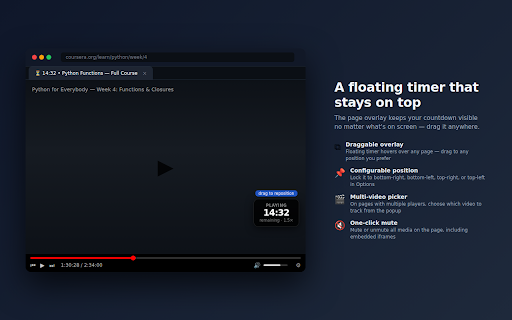 Tab Video Timer :: Adds a countdown timer to your tab title showing time remaining on any video.