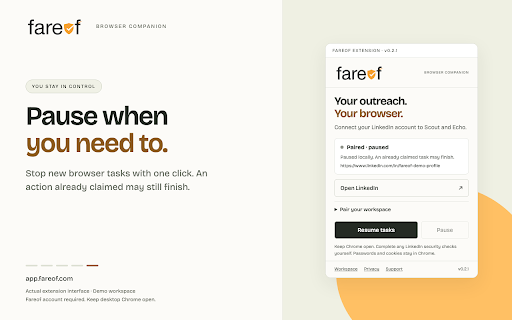 Fareof Browser Companion :: Connect your LinkedIn session to Fareof. Your password never leaves Chrome.