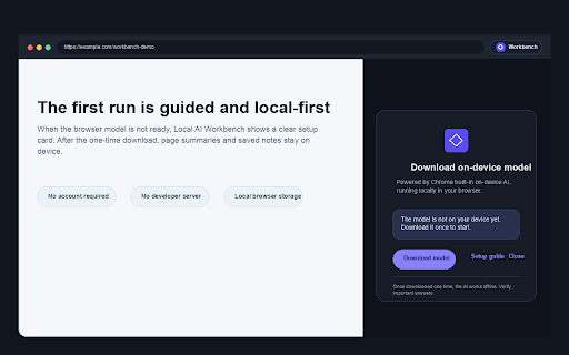 Local AI Workbench :: On-device AI side panel for Chrome: summarize pages, read documents, draft text, and keep private local notes.