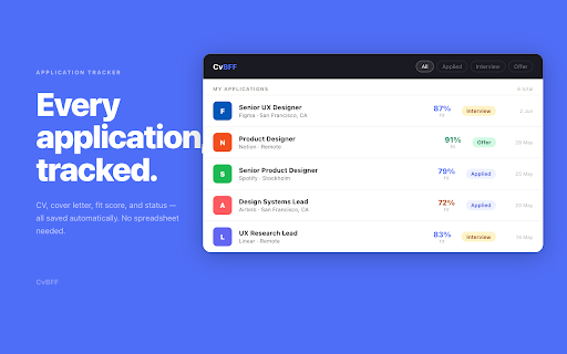 CvBFF — AI Resume & CV Builder :: AI resume & CV builder for job applications. Paste a job posting and get a tailored resume, cover letter, and fit score in seconds.