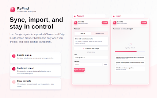 ReFind - AI Bookmark Manager :: Import browser bookmarks, save web pages in one click, and quickly search your saved knowledge.