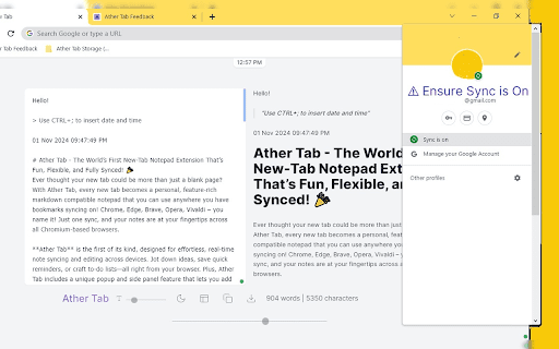 Ather Tab - Synced Notes in Tab, Popup and Side Panel :: The world's first notepad that works in both your browser's new tab and as a pop-up window.