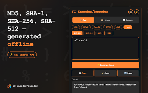 JWT Decoder, Base64 & URL Encode/Decode, JSON Formatter, Hash Generator :: Decode JWT, Base64 & URL offline — 100% local processing. JSON format/minify, SHA-256/MD5 hashes, history, right-click menu.