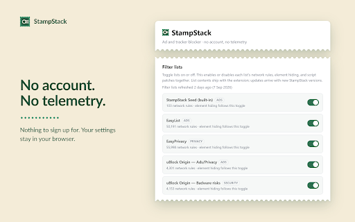 StampStack — Ad & Tracker Blocker :: Blocks ads and trackers. See which known trackers a page contacts, hide anything with a click, and keep blocking on if sites break.