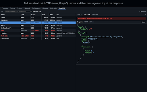 GraphQL developer tools :: A GraphQL panel in DevTools: every operation the page sends, with its variables, response, errors and headers