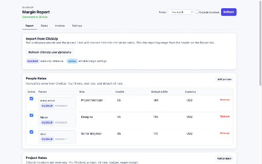 ClickUp Margin Report :: Private bill rates, cost rates, margin, and budget burn for existing ClickUp time entries.