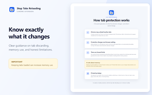 Stop Tabs Reloading :: Prevent Chrome from discarding inactive tabs and reloading them when you return. Simple, automatic, and private.