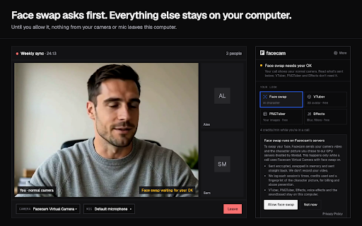 Facecam: AI Virtual Camera & Voice Changer for Meet, Zoom, Discord :: Live AI filter, face swap, voice changer and soundboard for Meet, Zoom and Discord in Chrome. Free voices and VTuber. No GPU needed.
