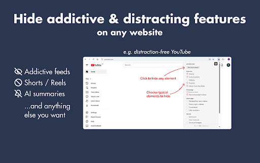 ReDD Focus: Hide Distractions :: Open-source attention saver for the web (YouTube, Instagram, ... or any other site!).