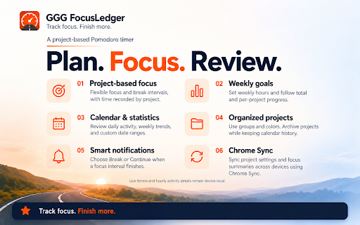 GGG FocusLedger :: Pomodoro focus timer for projects, with flexible work intervals, breaks, calendar statistics, and cross-device sync.