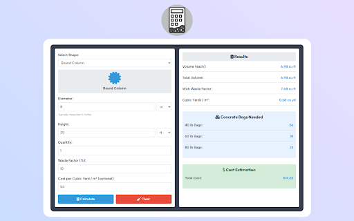 Concrete Calculator :: Easily calculate concrete volume, bags and cost for slab, steps, walls, columns, curb & gutter.