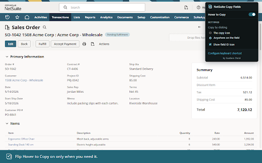 NetSuite Copy Fields :: Copy NetSuite field labels, values, or IDs on hover. Toggleable Hover to Copy mode with optional keyboard shortcut.