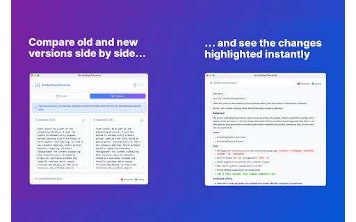 Jira Markup Converter :: Convert Jira markup into clean, readable text or compare two versions of Jira markup side-by-side.