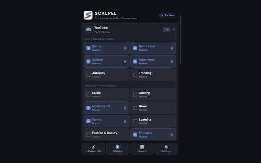 Scalpel - Cut Distractions, Not Connections :: Precision content blocker for YouTube, Instagram, TikTok and more. Remove Shorts, Reels, feeds and distractions.