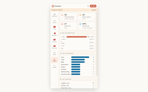Favewise - Bookmark Cleaner & Organizer :: Make bookmarks useful again. Find dead links, duplicates, empty folders, and forgotten bookmarks. Local-first, no tracking.