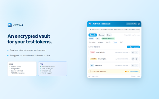 JWT Vault - Decode, Verify & Debug Tokens :: Decode JWT tokens locally, verify signatures & debug claims. Live expiry + encrypted vault. Tokens never leave your browser.