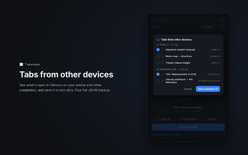 Tabstash :: Сохраняйте открытые вкладки со скриншотом, тегом и заметкой, ищите и сортируйте их в боковой панели.
