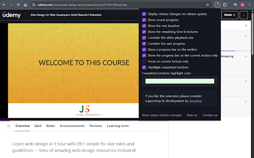 Udemy Time Remaining :: Chrome extension that modifies the Udemy course page, displaying the time remaining after each section