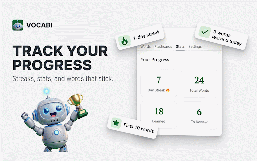 Vocabi – Vocabulary Builder & Word Translator :: Translate & save words while reading websites. Build vocabulary with spaced repetition flashcards. No account needed. 10 languages.