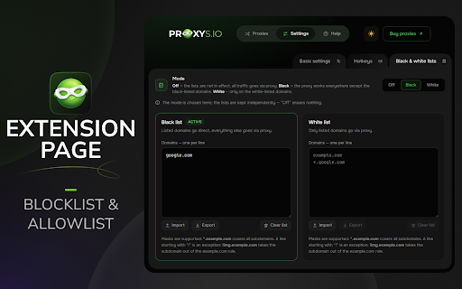 ProxyControl :: Manage HTTP proxies in one click: switch servers, keep your list, and choose which sites bypass the proxy.