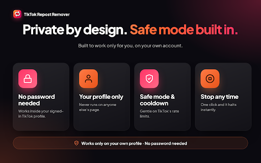 TikTok Repost Remover — Bulk Unrepost :: Remove all your TikTok reposts in one click. Bulk unrepost videos with keyword filter, live progress and export. No login needed.