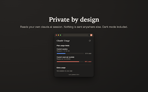 Claude Code Usage :: Track claude code usage at a glance: session and weekly limits, a reset timer, and a live toolbar gauge — zero clicks needed.