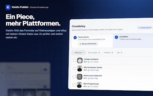 Kleidio Publish :: Kauf-Check, Sync, Versandscheine und Crosslisting für Vinted-Reseller. Kleidio füllt aus, du entscheidest.