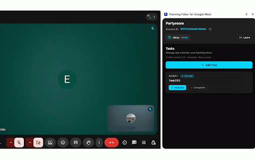 Planning Poker for Google Meet :: Planning poker in the Meet side panel: create sessions, vote, and sync estimates in real time.