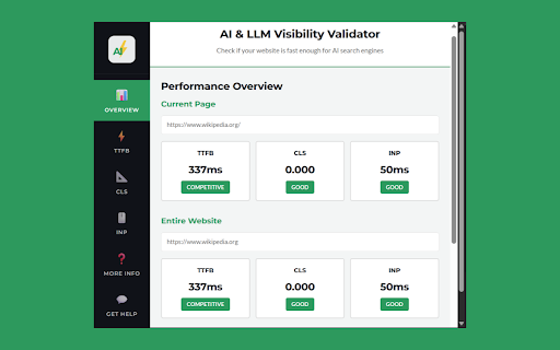 AI & LLM Visibility Validator :: Check which AI bots can access your site, measure TTFB/CLS/INP performance, and analyze JS vs HTML content visibility.