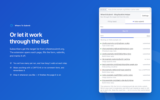 WhereToSubmit - Blog Backlink Helper :: Fills comment forms with your saved text, name, email and website in one click. Fills only by default; submitting is opt-in.