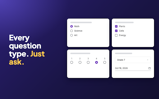 Google Form Builder :: AI Google Form Builder. A google form maker for quizzes, surveys and sign-up sheets — say what you need, review the form, send it.