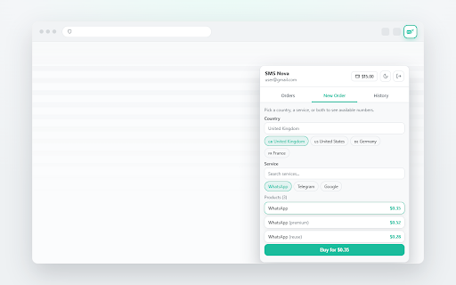 SMS Nova - Temporary Phone Number :: Manage your SMSNova virtual numbers, view SMS codes, and check your wallet balance right from your browser toolbar.