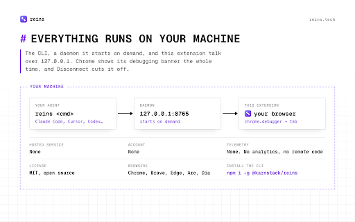 reins :: Drive your real, logged-in browser from your coding agent (via the reins CLI).