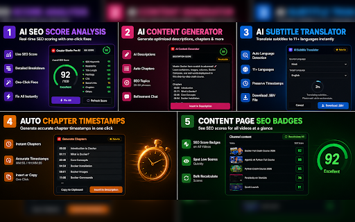 Creator Studio Pro AI - SEO & Subtitles for YouTube :: Auto-generate subtitles and optimize title and description SEO scores inside YouTube Studio using AI.
