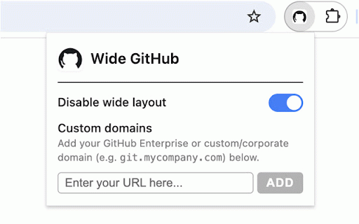 Wide GitHub :: Makes GitHub wide on Google Chrome. Supports GitHub, private Gists, GitHub Enterprise, and custom domains (TLDs).